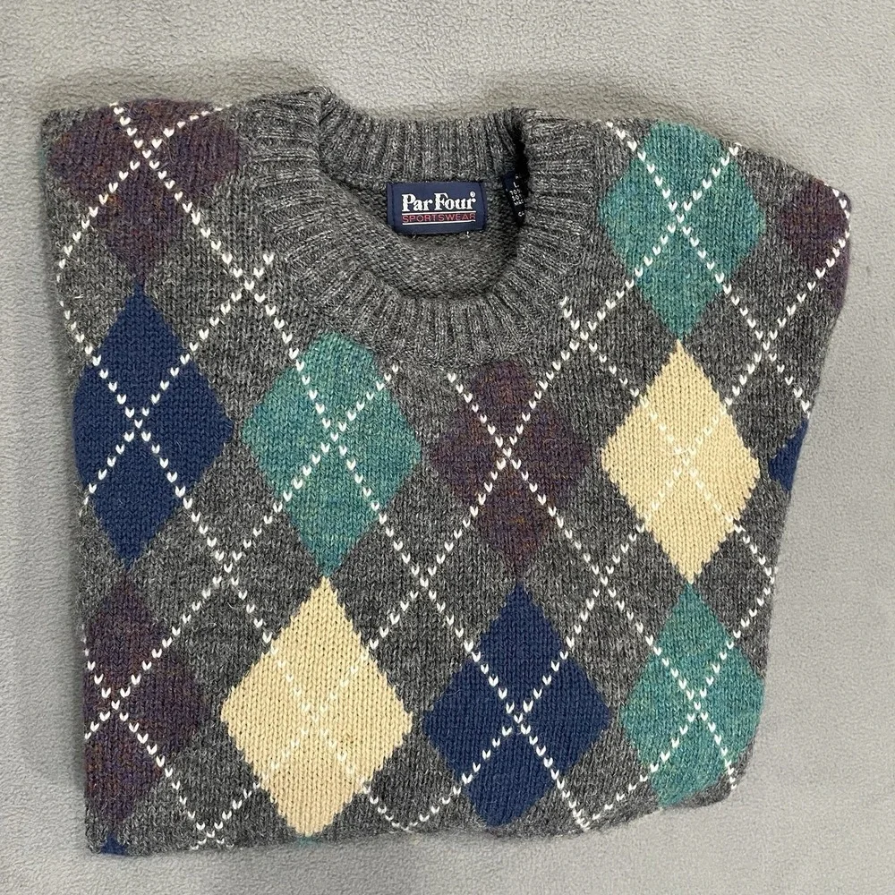 Par Four Sportswear Mens Sweater Sz L Wool Blend Argyle Diamond Pullover